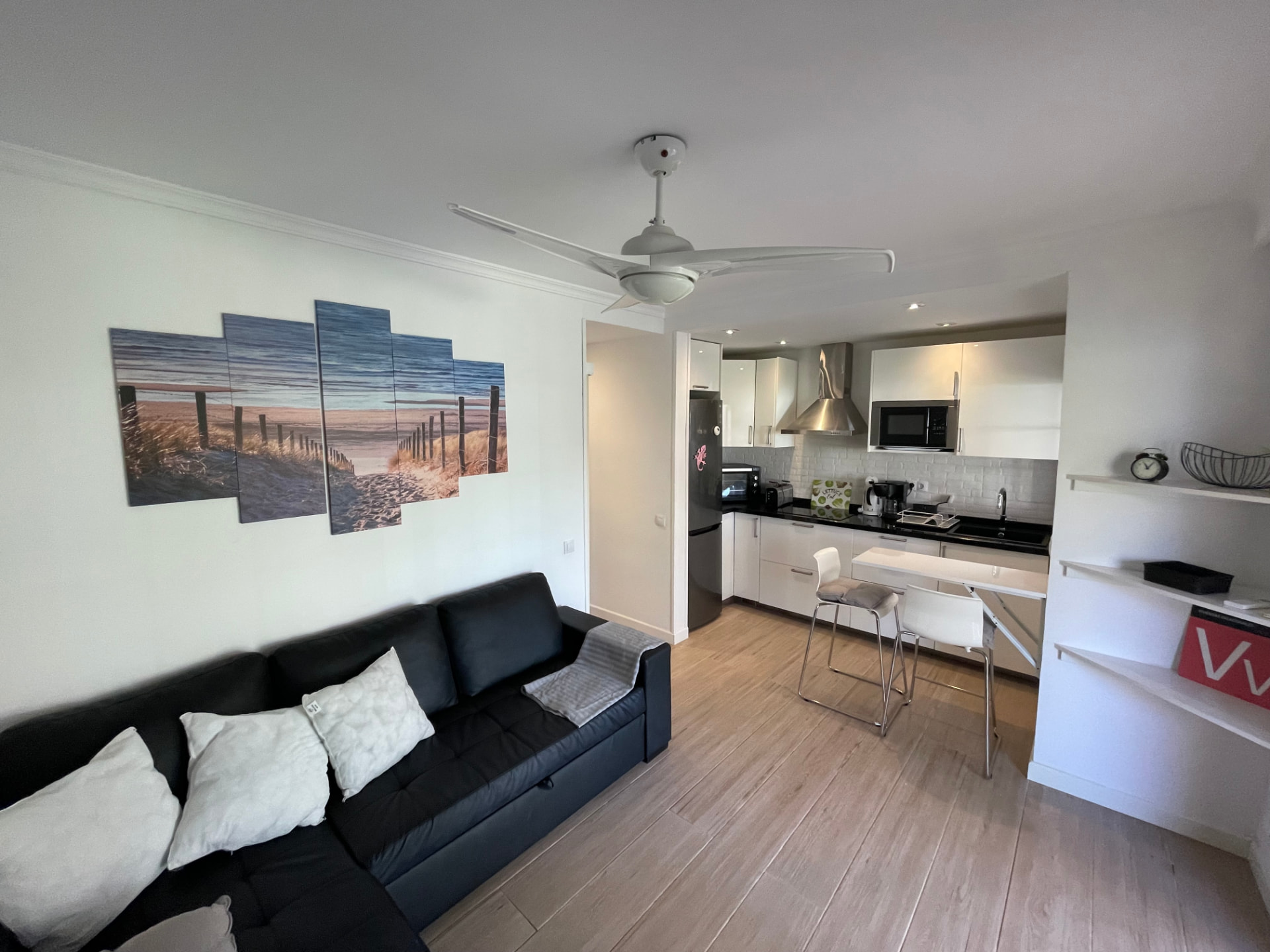 Living room with sofa bed, ceiling fan and open-plan kitchen