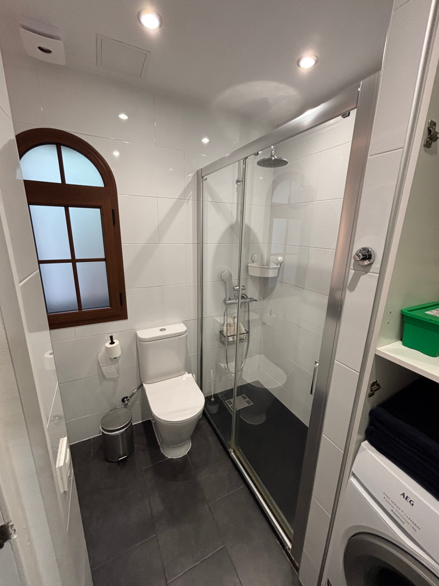 Bathroom with walk-in shower, toilet and washing machine