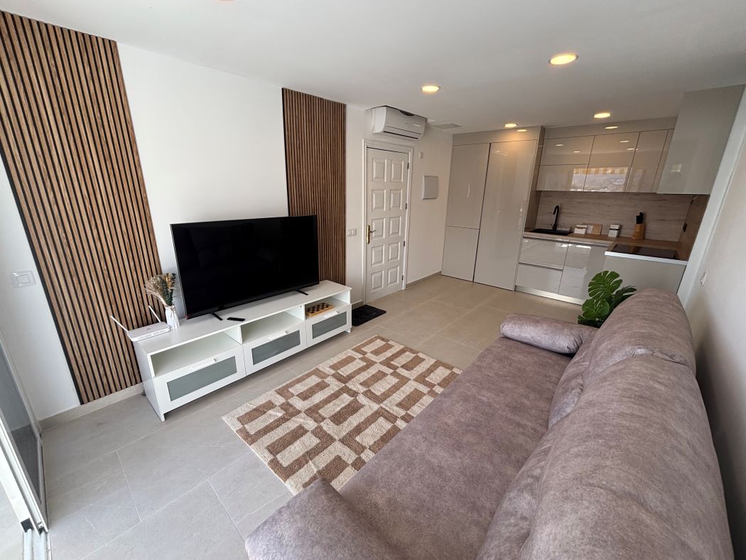 Living area with television and kitchen in the background